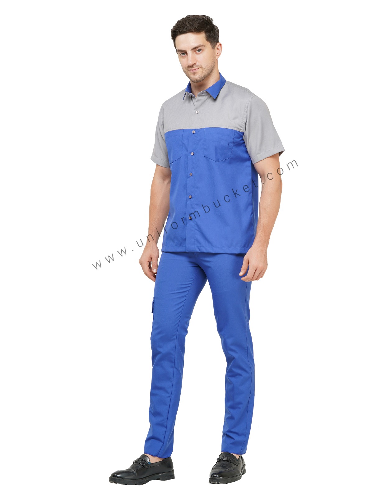 MALE ROYAL BLUE & GREY WORKWEAR SHIRT WITH HALF SLEEVE & TWO POCKET thumbnail 3
